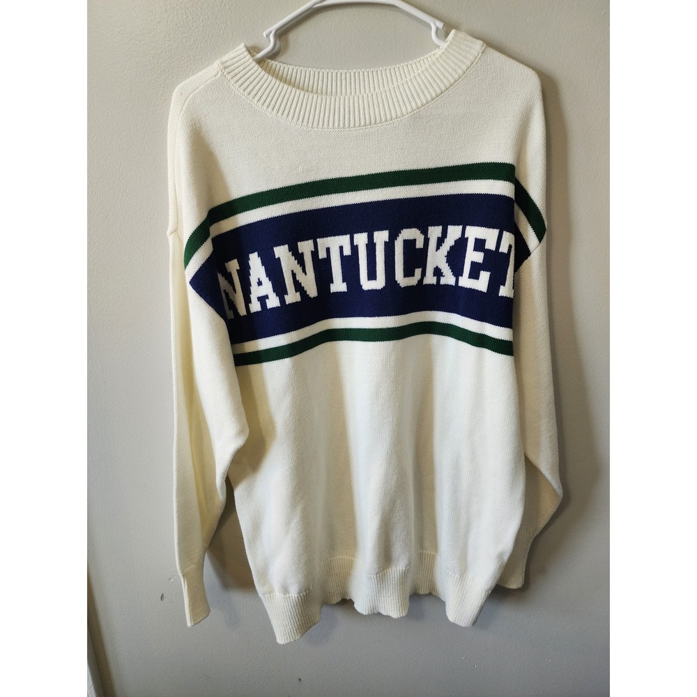 Moonrise Nantucket Knit Sweater Cream Navy Green Stripe Oversized Crewneck XS